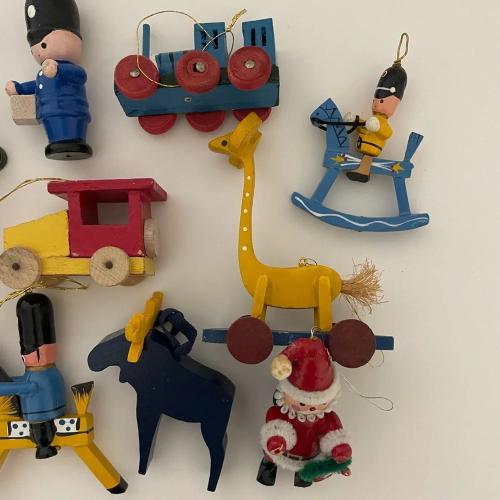 Vintage 1970s/80s Wood Christmas Ornament Lot Kid Theme